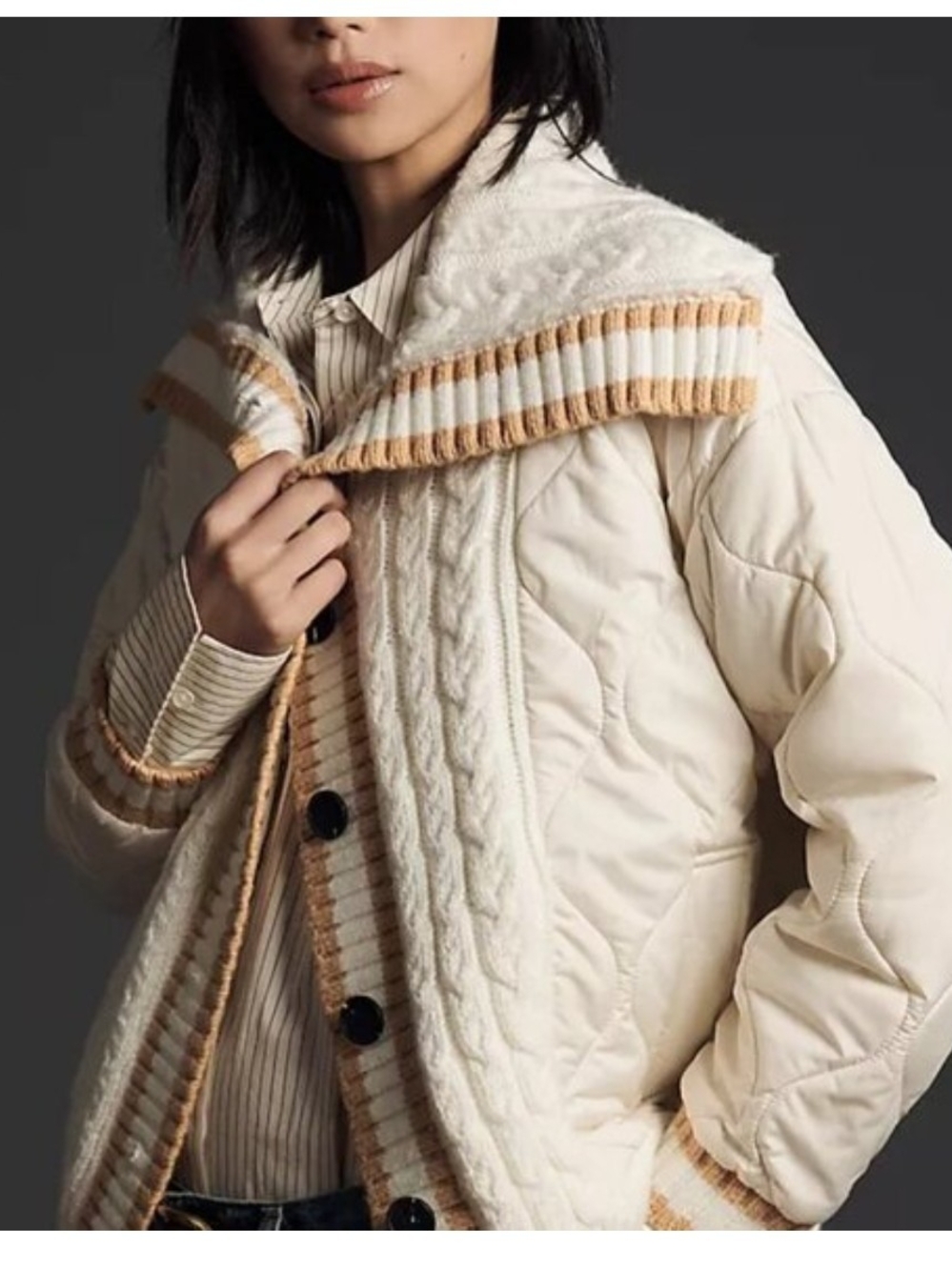 Avec Les Filles Quilted Cable Puffer Sweater Jacket